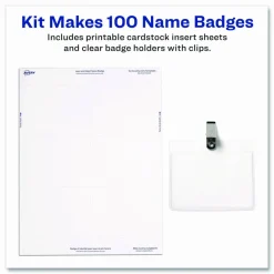 Avery Customizable Name Badges With Clips, Rectangle, 74461, 2-1/4" x 3-1/2", Clear Holders With White Inserts, 100 Badges