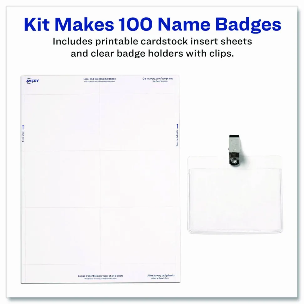 Avery Customizable Name Badges With Clips, Rectangle, 74461, 2-1/4" x 3-1/2", Clear Holders With White Inserts, 100 Badges