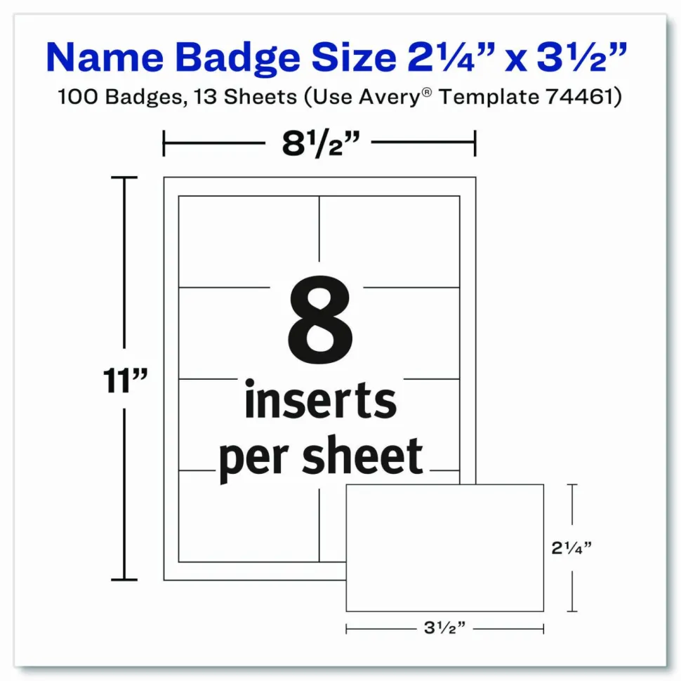 Avery Customizable Name Badges With Clips, Rectangle, 74461, 2-1/4" x 3-1/2", Clear Holders With White Inserts, 100 Badges