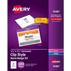 Avery Customizable Name Badges With Clips, Rectangle, 74461, 2-1/4