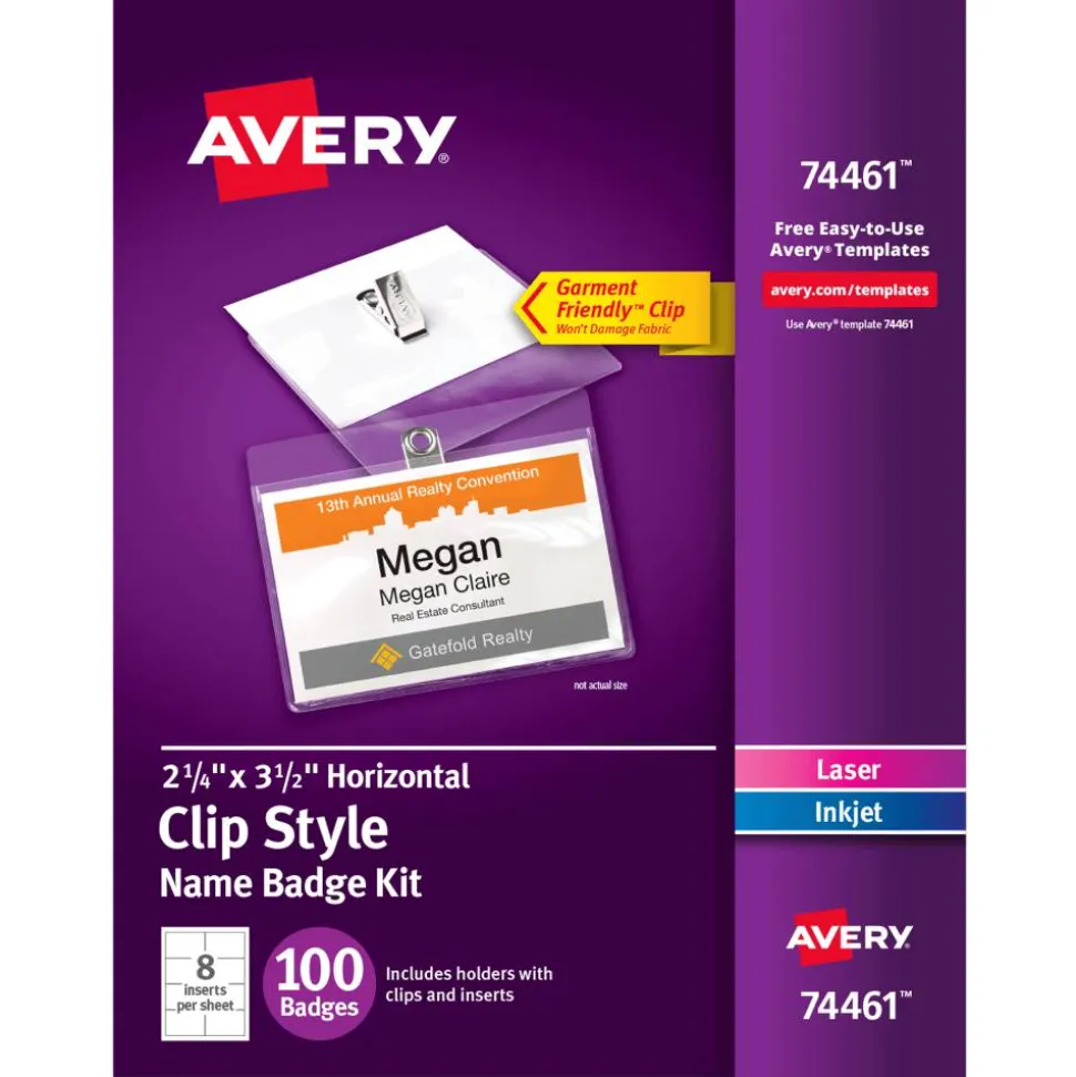 Avery Customizable Name Badges With Clips, Rectangle, 74461, 2-1/4" x 3-1/2", Clear Holders With White Inserts, 100 Badges