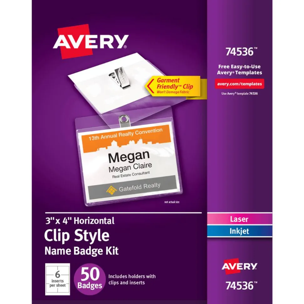 Avery Customizable Name Badges With Clips, Rectangle, 74536, 3" x 4", Clear Holders With White Inserts, Box Of 50