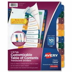 Avery Customizable Table of Contents Ready Index Dividers with Multicolor Tabs, 10-Tab, 1 to 10, 11 x 8.5, Translucent, 1 Set