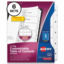 Avery Customizable Table of Contents Ready Index Black and White Dividers, 5-Tab, 1 to 5, 11 x 8.5, White, 6 Sets