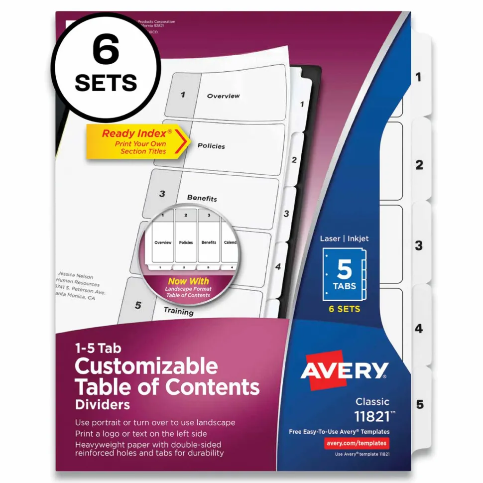 Avery Customizable Table of Contents Ready Index Black and White Dividers, 5-Tab, 1 to 5, 11 x 8.5, White, 6 Sets