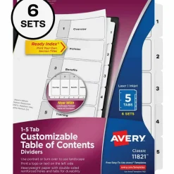 Avery Customizable Table of Contents Ready Index Black and White Dividers, 5-Tab, 1 to 5, 11 x 8.5, White, 6 Sets