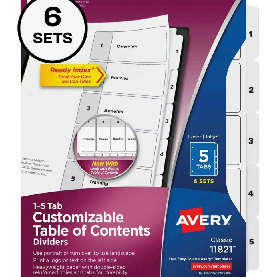 Avery Customizable Table of Contents Ready Index Black and White Dividers, 5-Tab, 1 to 5, 11 x 8.5, White, 6 Sets