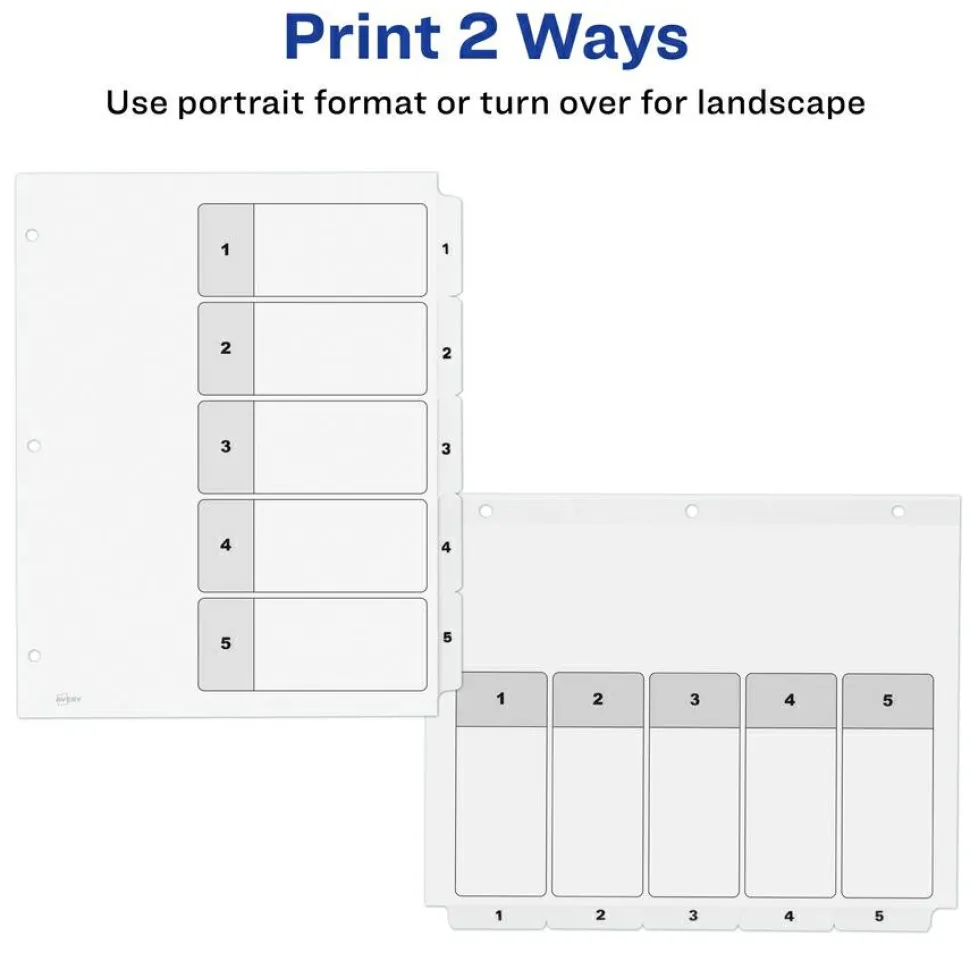 Avery Customizable Table of Contents Ready Index Black and White Dividers, 5-Tab, 1 to 5, 11 x 8.5, White, 6 Sets