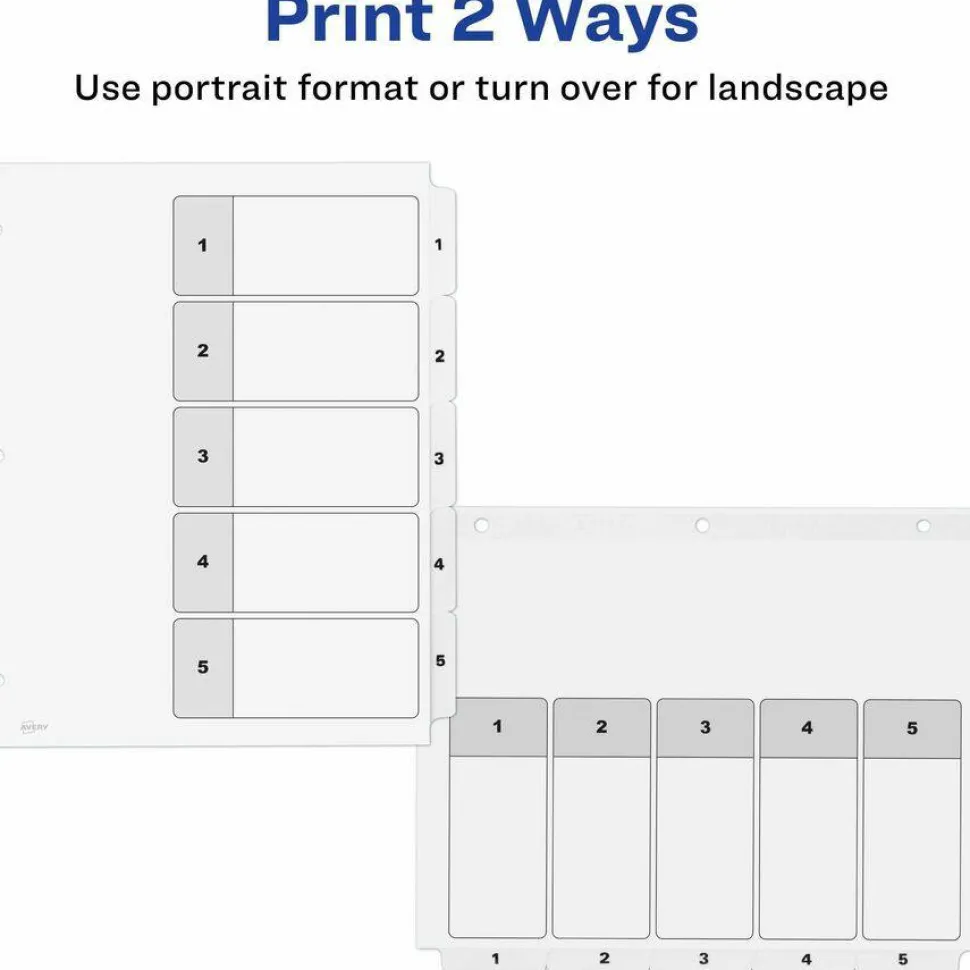 Avery Customizable Table of Contents Ready Index Black and White Dividers, 5-Tab, 1 to 5, 11 x 8.5, White, 6 Sets