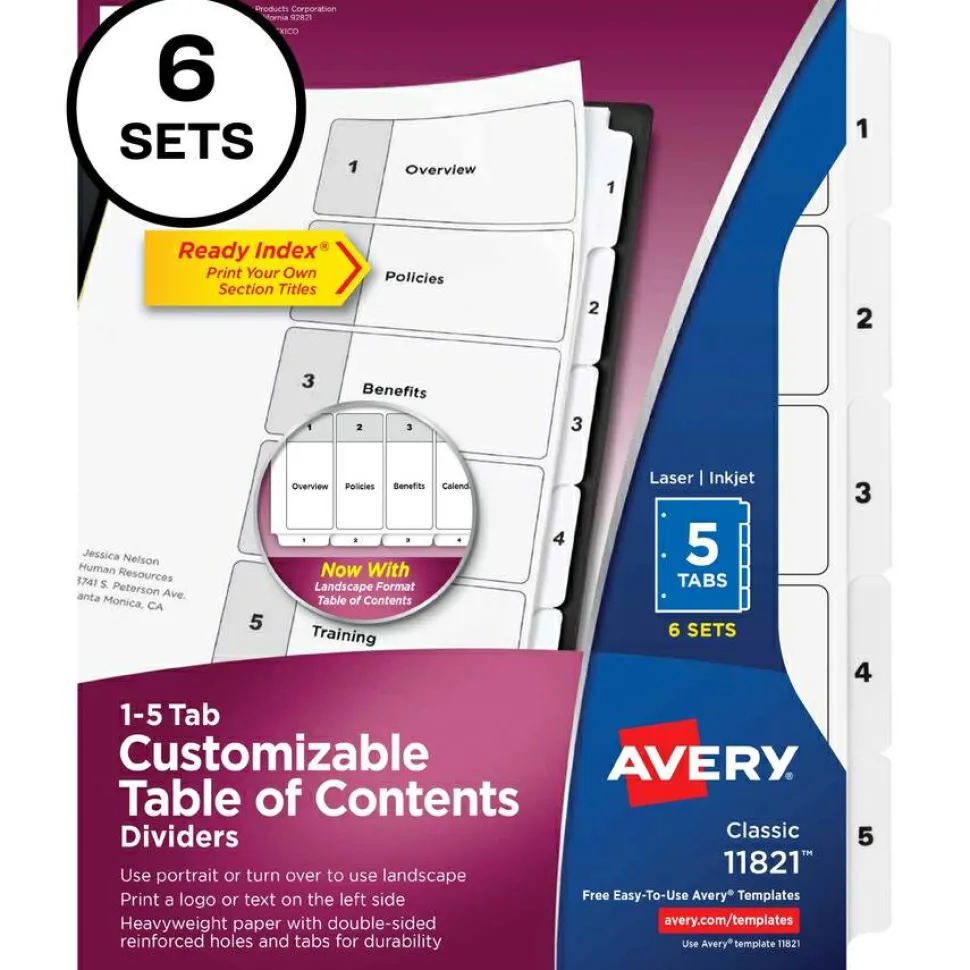 Avery Customizable Table of Contents Ready Index Black and White Dividers, 5-Tab, 1 to 5, 11 x 8.5, White, 6 Sets