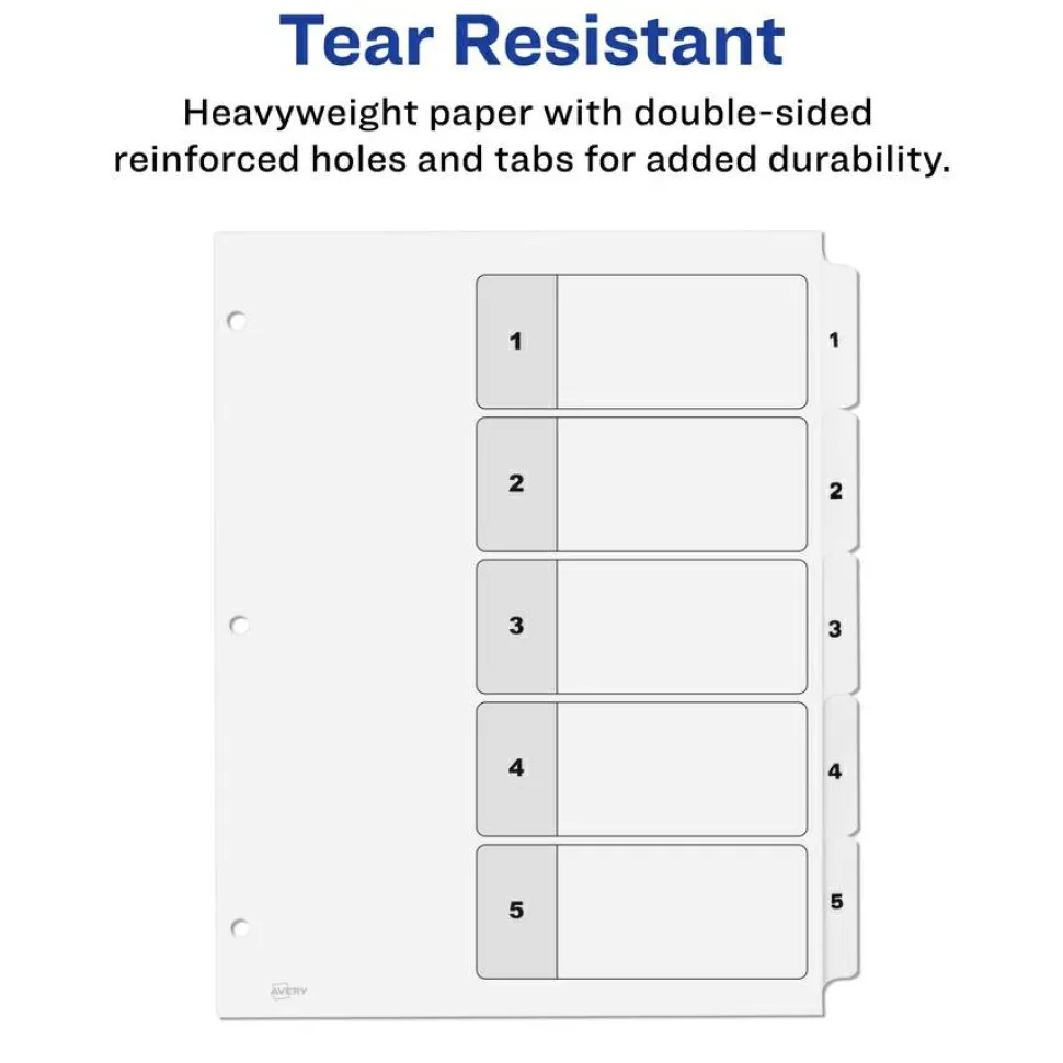 Avery Customizable Table of Contents Ready Index Black and White Dividers, 5-Tab, 1 to 5, 11 x 8.5, White, 6 Sets