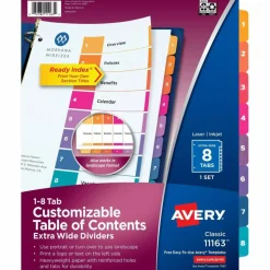 Avery Customizable TOC Ready Index Multicolor Tab Dividers, Extra Wide Tabs, 8-Tab, 1 to 8, 11 x 9.25, White, 1 Set