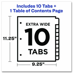Avery Customizable TOC Ready Index Multicolor Tab Dividers, Extra Wide Tabs, 10-Tab, 1 to 10, 11 x 9.25, White, 1 Set