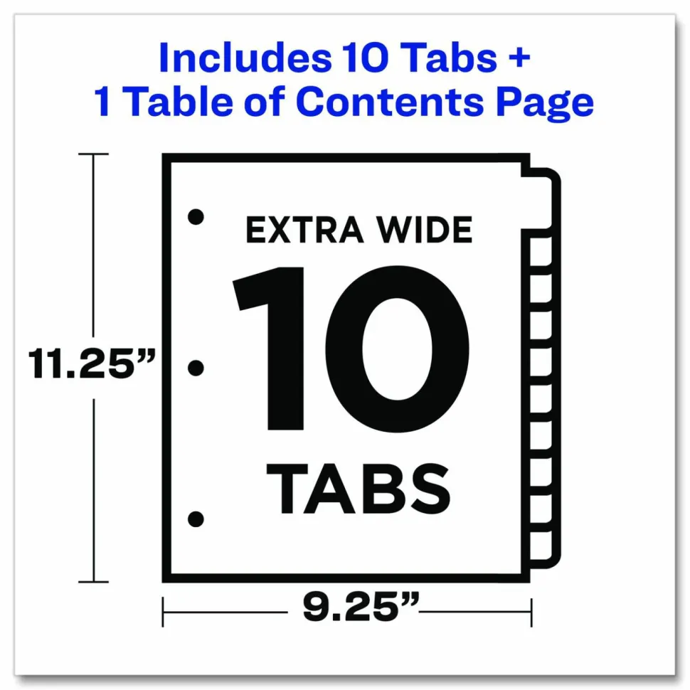 Avery Customizable TOC Ready Index Multicolor Tab Dividers, Extra Wide Tabs, 10-Tab, 1 to 10, 11 x 9.25, White, 1 Set