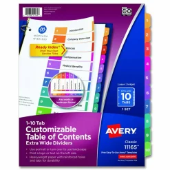 Avery Customizable TOC Ready Index Multicolor Tab Dividers, Extra Wide Tabs, 10-Tab, 1 to 10, 11 x 9.25, White, 1 Set