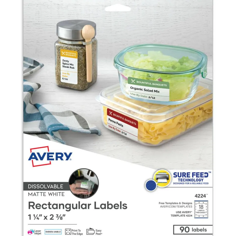 Avery Dissolvable Labels, 4224, Rectangle, 1 1/4" x 2 3/8", White, Pack Of 90