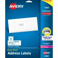 Avery Easy Peel Address Labels With Sure Feed Technology, 5260, Rectangle, 1