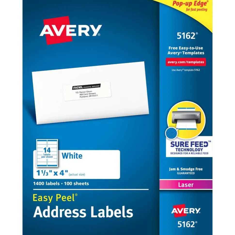 Avery Easy Peel Address Labels With Sure Feed Technology, 5162, Rectangle, 1-1/3" x 4", Matte White, Box Of 1,400