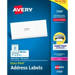 Avery Easy Peel Address Labels With Sure Feed Technology, 5160, Rectangle, 1