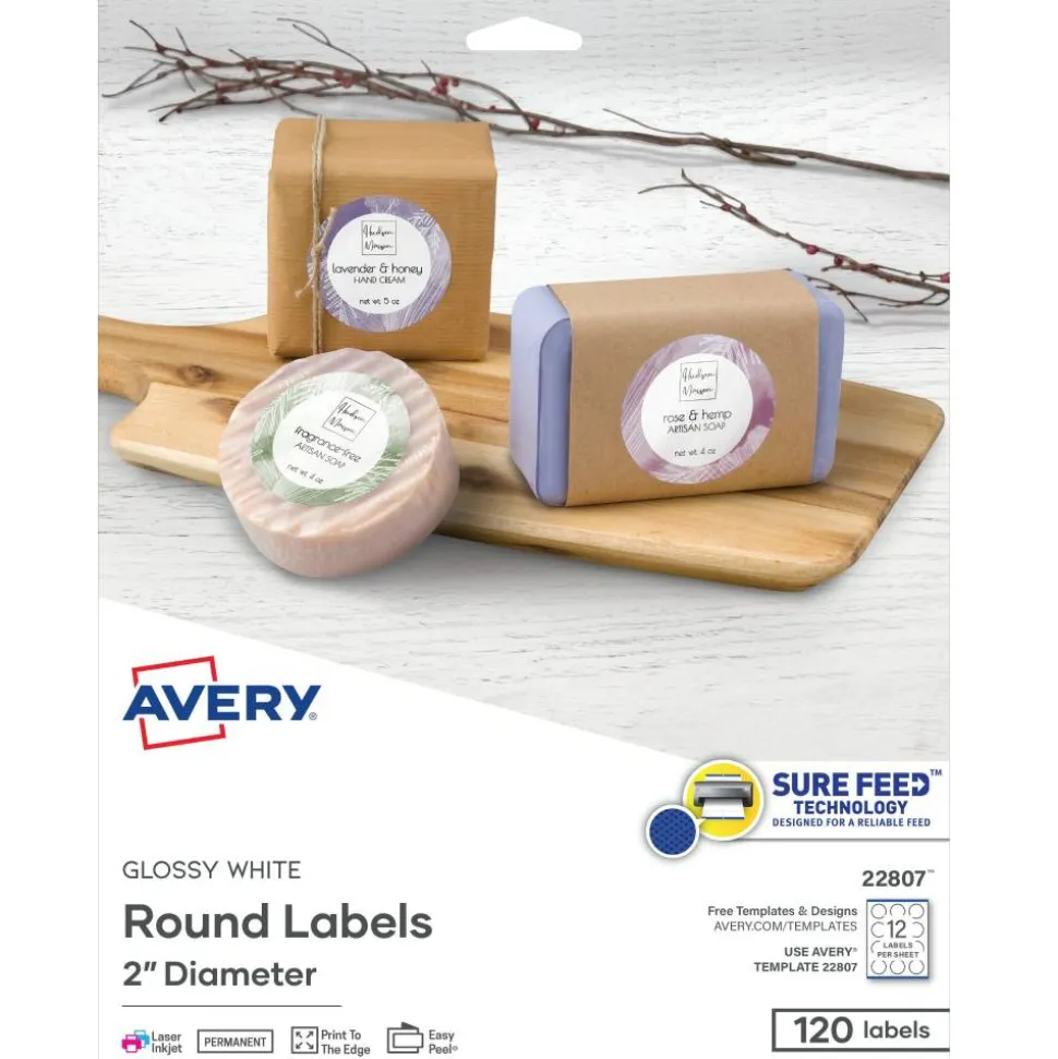 Avery Easy Peel TrueBlock Print-To-The-Edge Inkjet/Laser Labels, Round, 22807, 2" Diameter, White, Pack Of 120