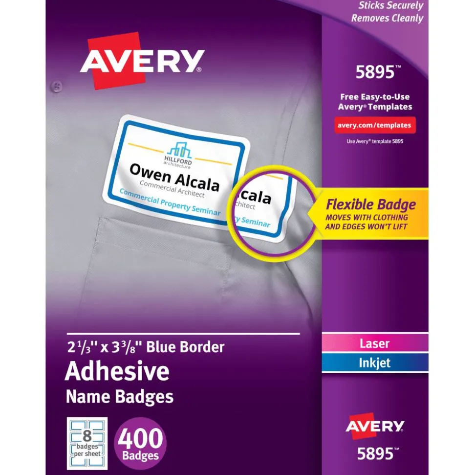 Avery Flexible Name Badge Labels, 5895, 2 1/3" x 3 3/8", White With Blue Border, Box Of 400