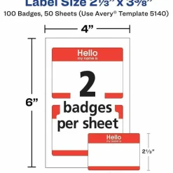 Avery "Hello My Name Is" Name Tags, 05140, 2-1/3" x 3-3/8", White With Red Border, 100 Removable Name Badges