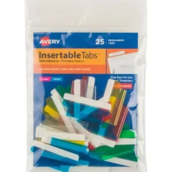 Avery Insertable Self-Adhesive Index Tabs With Printable Inserts, 1-1/2", Assorted (Blue, Clear, Green, Red, Yellow), Pack Of 25