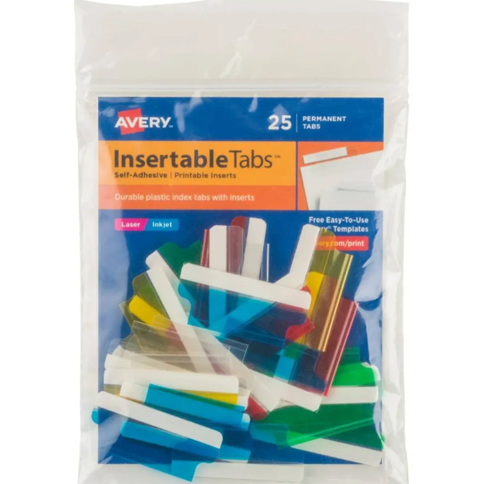 Avery Insertable Self-Adhesive Index Tabs With Printable Inserts, 1-1/2", Assorted (Blue, Clear, Green, Red, Yellow), Pack Of 25