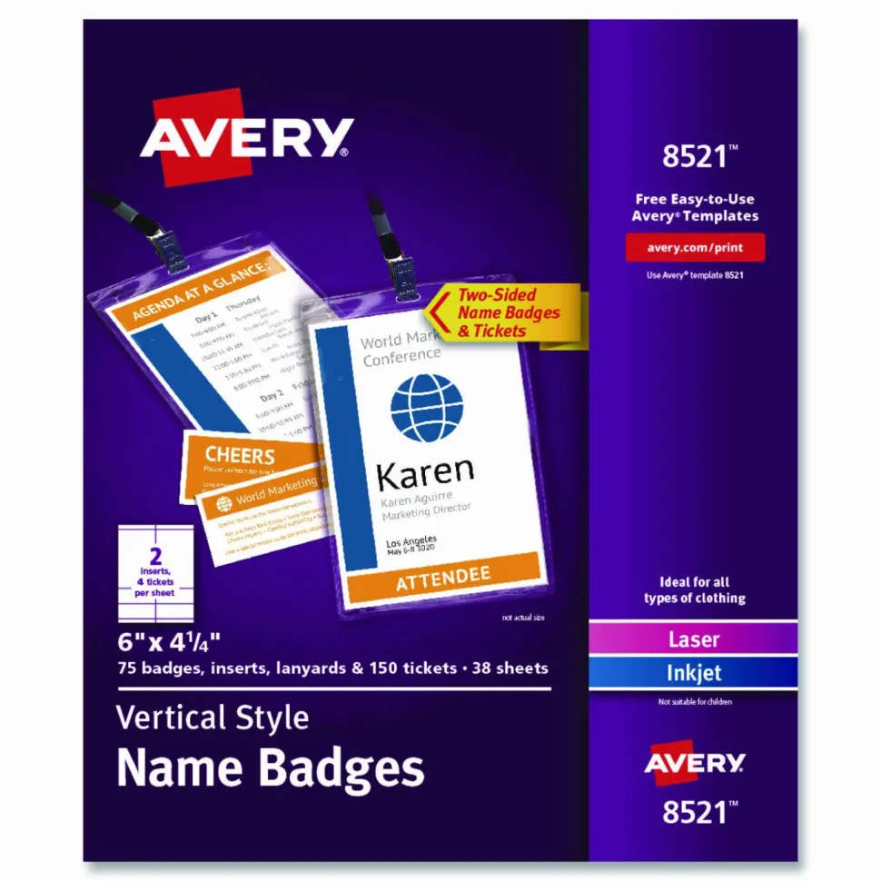 Avery Lanyard-Style Badge Holder w/Laser/Inkjet Inserts, Top Load, 4.25 x 6, WE, 75/PK
