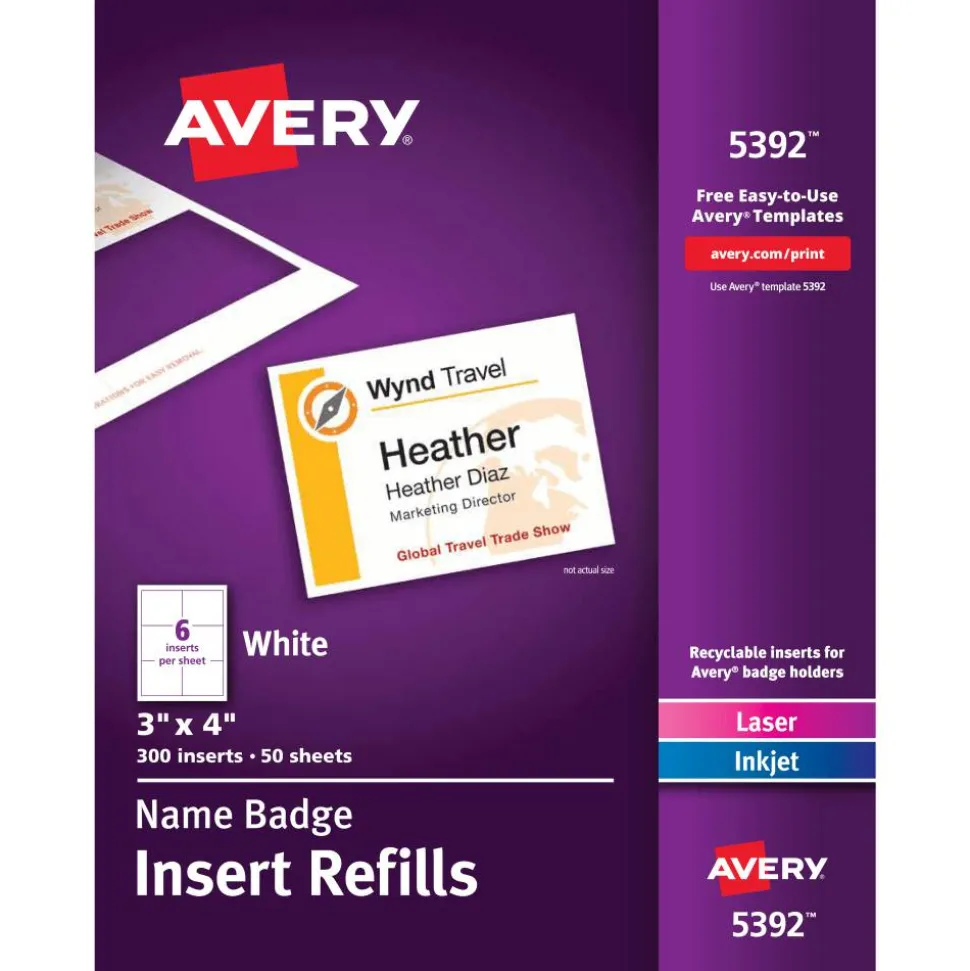 Avery Laser Name Badge Inserts, 3" x 4", Box Of 300