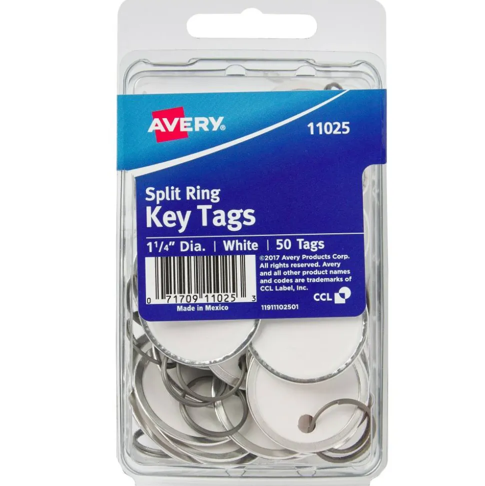 Avery 1-1/4" Metal Rim Key Tags, Split Ring, White, 50 Tags (11025)
