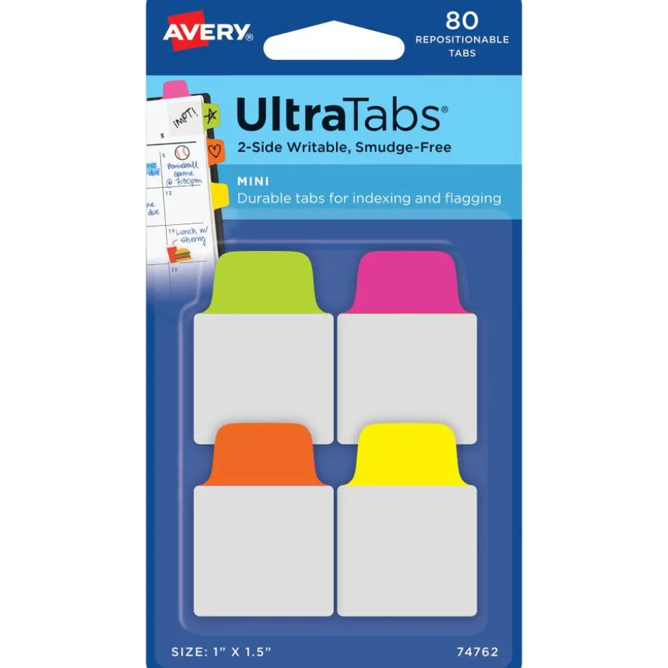 Avery Mini Ultra Tabs, 1" x 1.5", Assorted Neon, Set Of 80 Repositionable Tabs