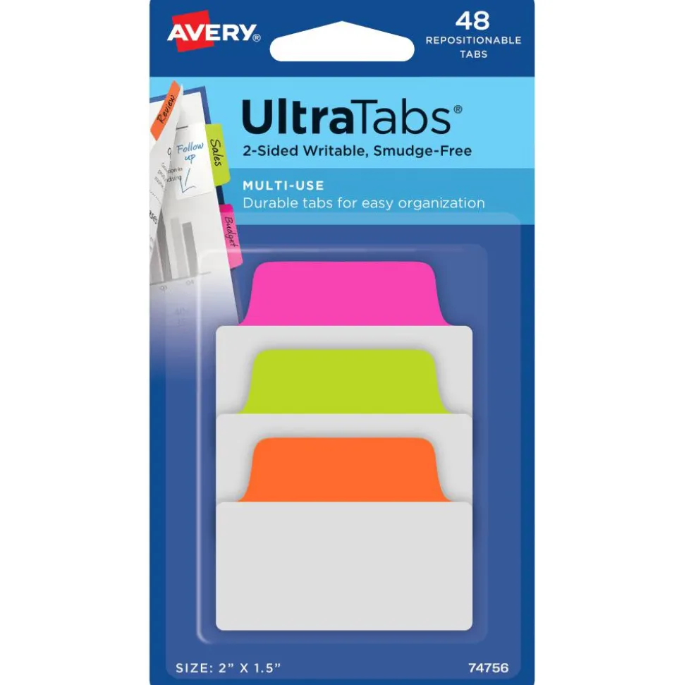 Avery Multiuse Ultra Tabs, 2-Side Writable, 2" x 1.5", Neon Pink/Green/Orange, Pack Of 48 Repositionable Tabs