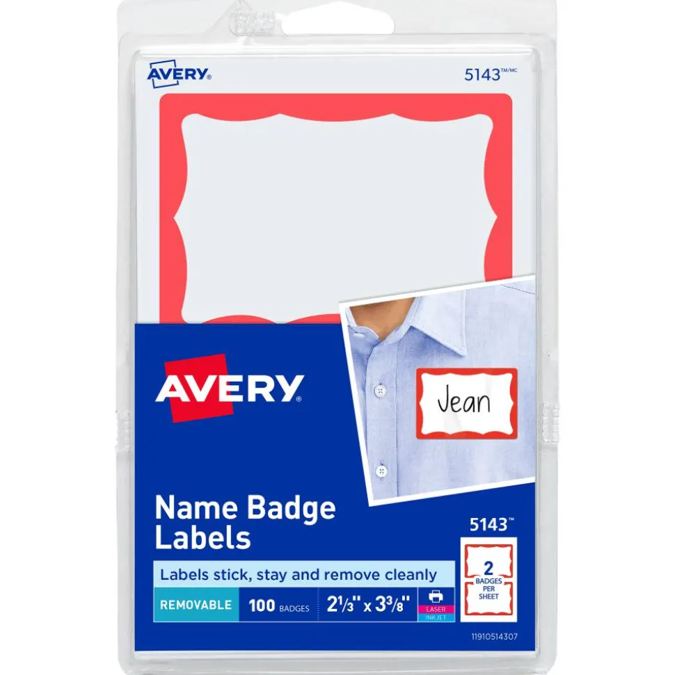 Avery Name Tags, 05143, 2-1/3" x 3-3/8", White With Red Border, 100 Removable Name Badges
