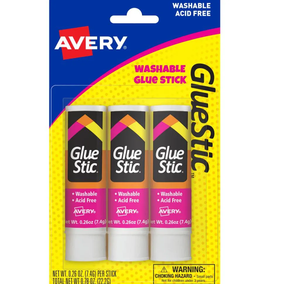 Avery Permanent Glue Stic,, Washable, Nontoxic, 0.26 oz., 3 Glue Sticks