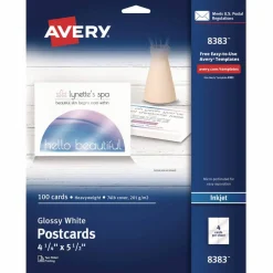 Avery Photo-Quality Printable Postcards, Inkjet, 74 lb, 4.25 x 5.5, Glossy White, 100 Cards, 4 Cards/Sheet, 25 Sheets/Pack