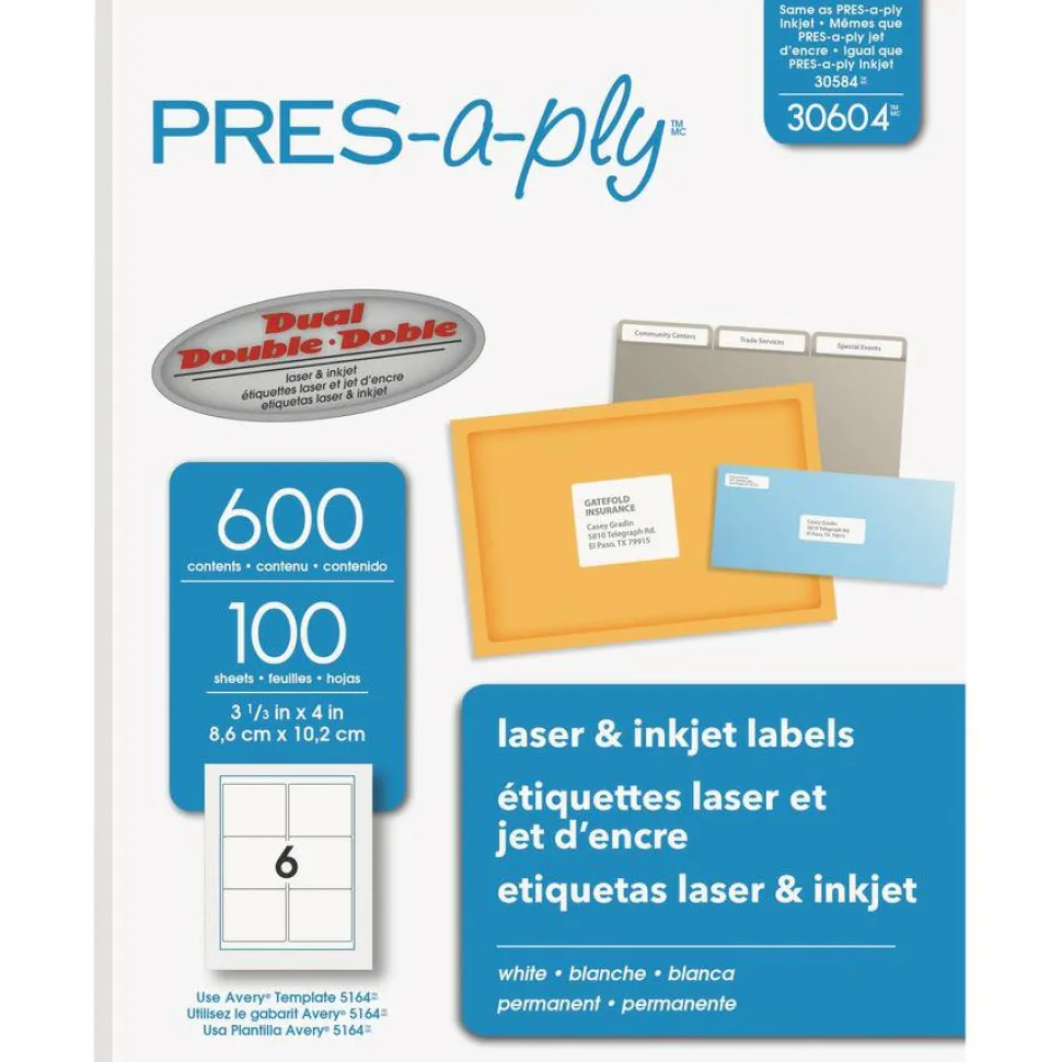 Avery PRES-a-ply Labels for Laser and Inkjet Printers, AVE30604, Rectangle, 3 1/3"W x 4"L, White, Box Of 600