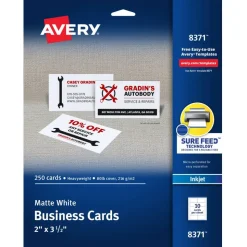 Avery Printable Business Cards With Sure Feed Technology For Inkjet Printers, 2" x 3.5", White, 250 Blank Cards