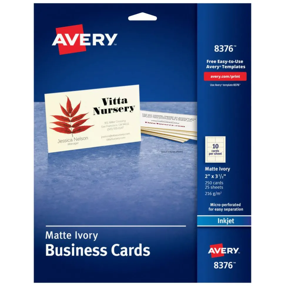 Avery Printable Business Cards With Sure Feed Technology For Inkjet Printers, 2" x 3.5", Ivory, 250 Blank Cards
