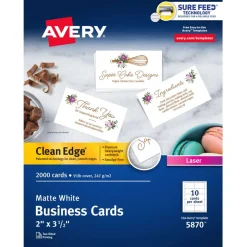 Avery Printable Clean Edge Business Cards With Sure Feed Technology for Laser Printers, 2" x 3-1/2", White, Pack Of 2,000 Blank Cards
