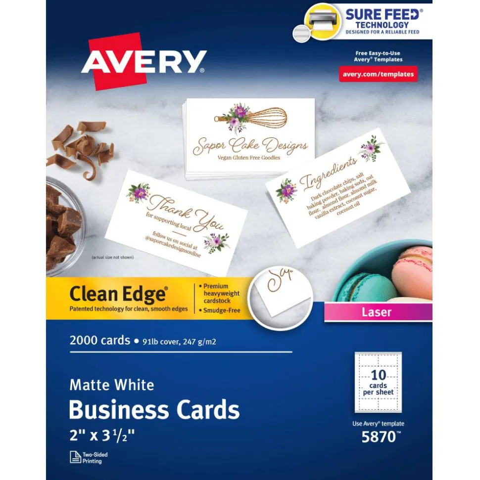 Avery Printable Clean Edge Business Cards With Sure Feed Technology for Laser Printers, 2" x 3-1/2", White, Pack Of 2,000 Blank Cards