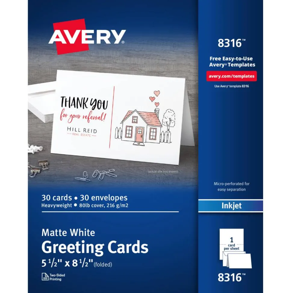 Avery Printable Greeting Cards With Envelopes, Half-Fold, 5.5" x 8.5", Matte White, 30 Blank Greeting Cards