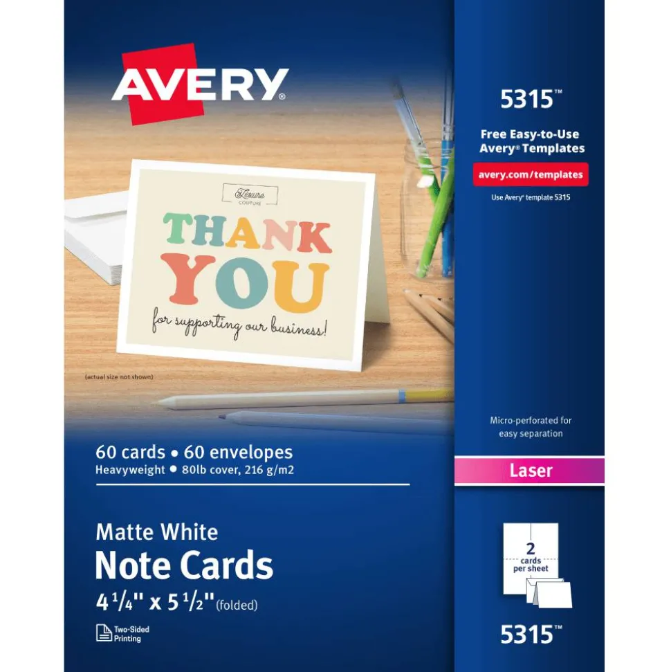 Avery Printable Note Cards With Envelopes, 4.25" x 5.5", White, Pack Of 60 Blank Note Cards For Laser Printers