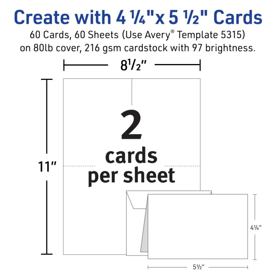Avery Printable Note Cards With Envelopes, 4.25" x 5.5", White, Pack Of 60 Blank Note Cards For Laser Printers
