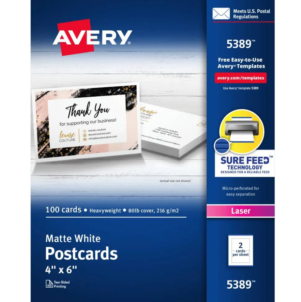 Avery Printable Postcards With Sure Feed Technology, 4" x 6", White, 100 Blank Postcards