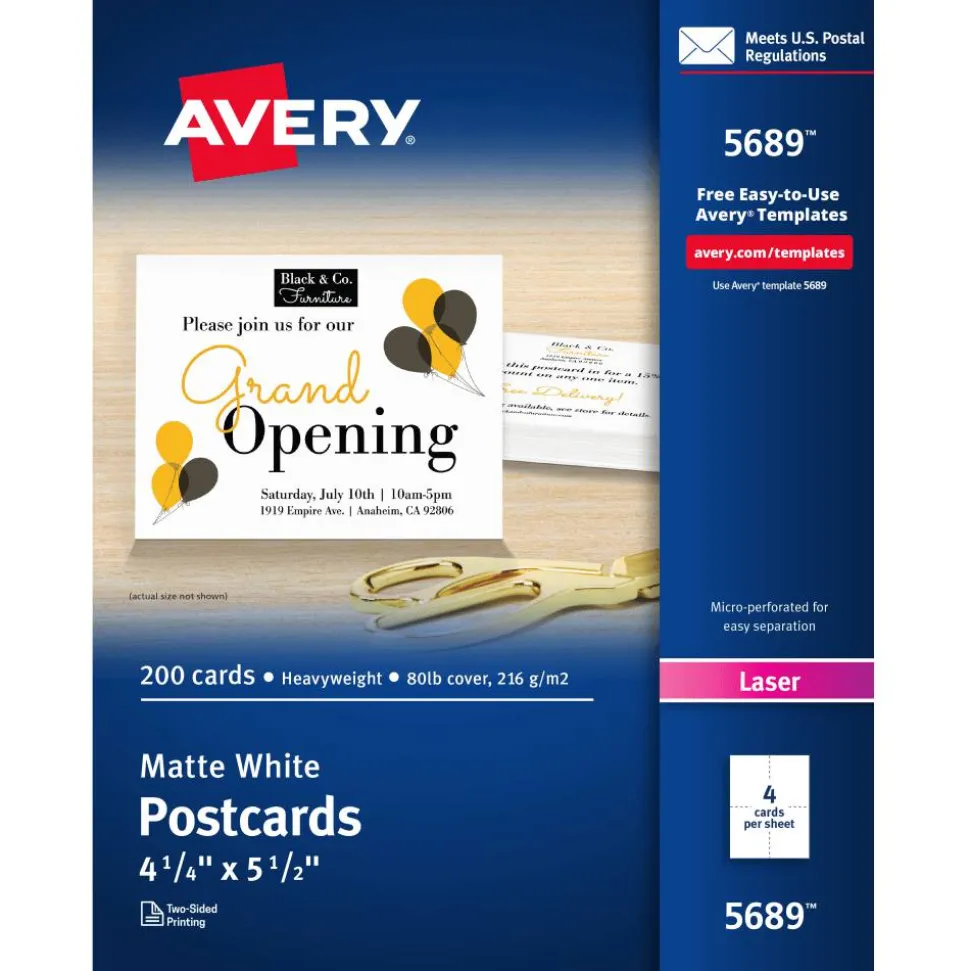 Avery Printable Postcards, 4-1/4" x 5-1/2", White, Box Of 200 Postcards For Laser Printers