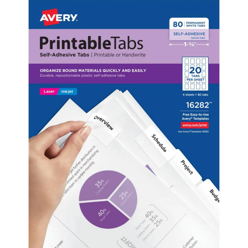 Avery Printable Self-Adhesive Tabs, White, Pack Of 80