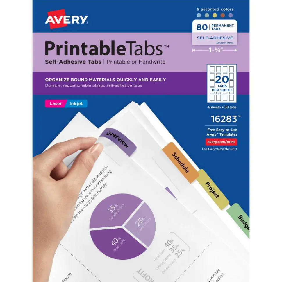 Avery Printable Self-Adhesive Tabs, Multicolor, Pack Of 80