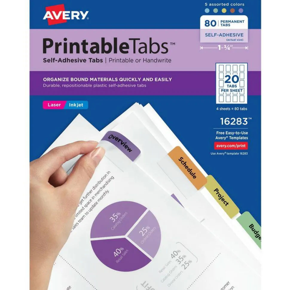 Avery Printable Self-Adhesive Tabs, Multicolor, Pack Of 80
