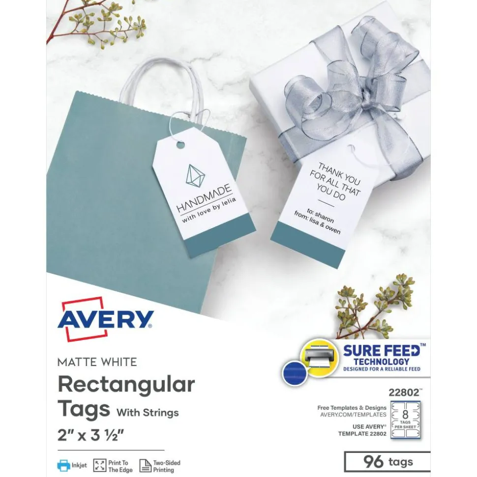 Avery Printable 2-Sided Printing Tags With Strings, 22802, 2" x 3 1/2", White, Box Of 96